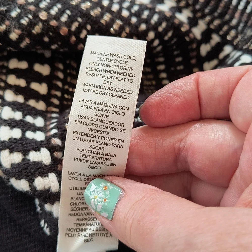 Chico's Black, White and Tan Weave One Button Closure Cardigan Sweater. …